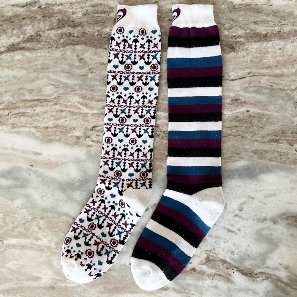 Roxy Fair Isle Mixed Print Striped Lightweight Tall Ski Snowboard Winter Socks